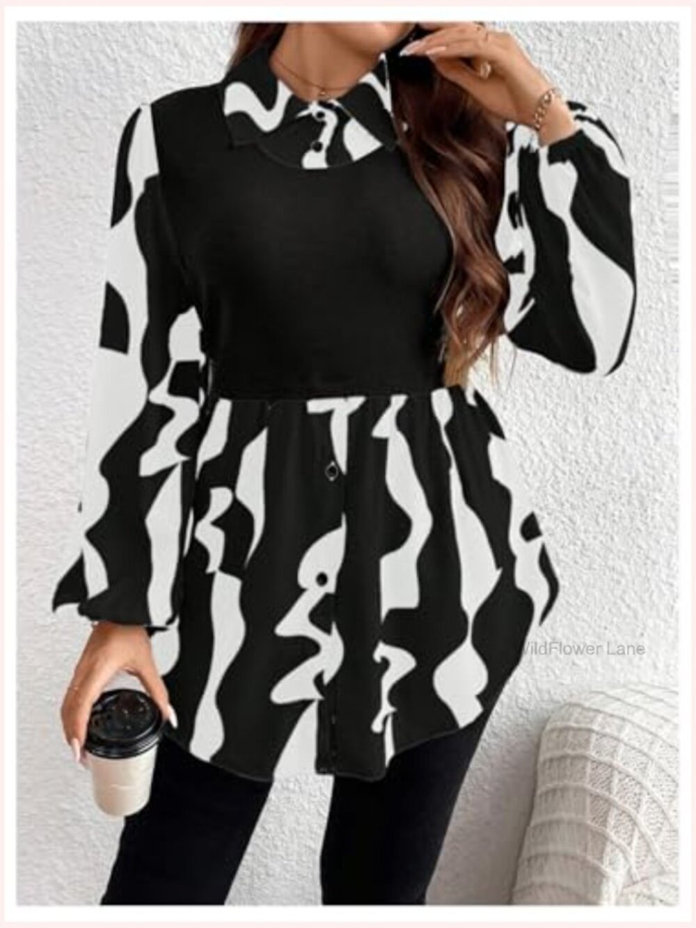 Plus Size Bishop Long Sleeve Button Down Blouse Asymmetrical Hem Floral - Picture 3 of 6